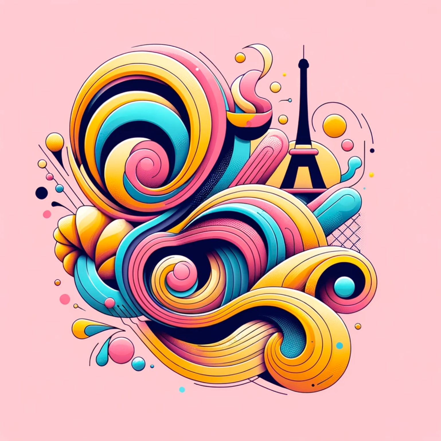 An abstract and colorful illustration featuring swirling pink, blue, and yellow patterns with elements of French culture, including a croissant, a cup of coffee, and the Eiffel Tower in the background. This vibrant design complements the paragraph explaining the French verb 'jeûner,' meaning 'to fast,' with sample sentences about fasting in various contexts.