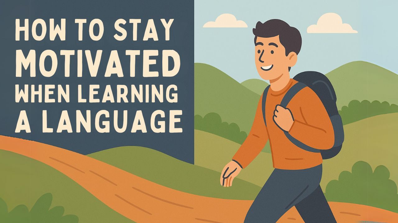 Illustration of a smiling person hiking uphill with a backpack, set against rolling green hills and a blue sky. Large text on the left reads: 'How to Stay Motivated When Learning a Language'