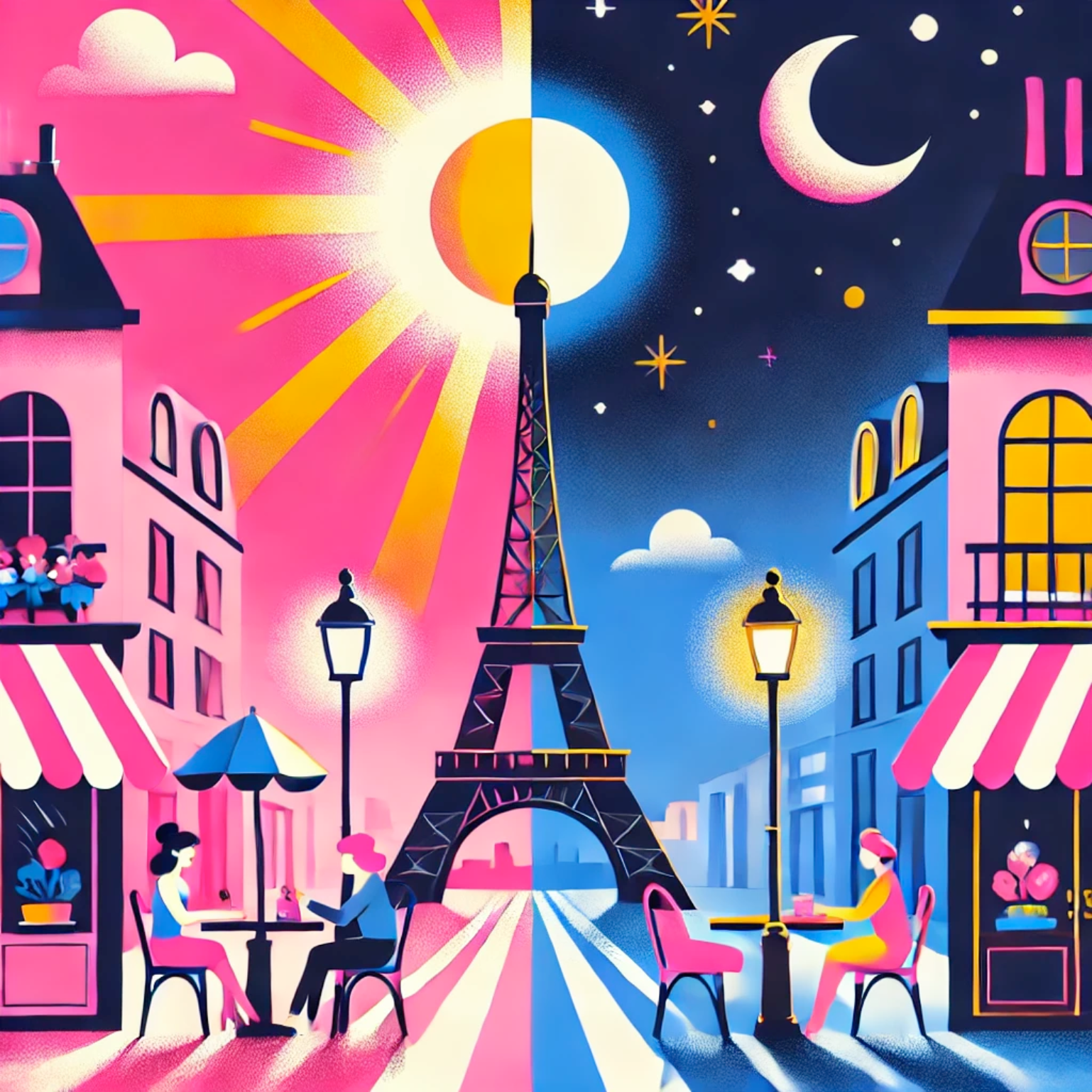 A vibrant illustration split between day and night in Paris, with the Eiffel Tower as the centerpiece. On the left, a sunny café scene with pink and yellow tones. On the right, a moonlit night café with blue hues. A visual representation of AM and PM distinctions.