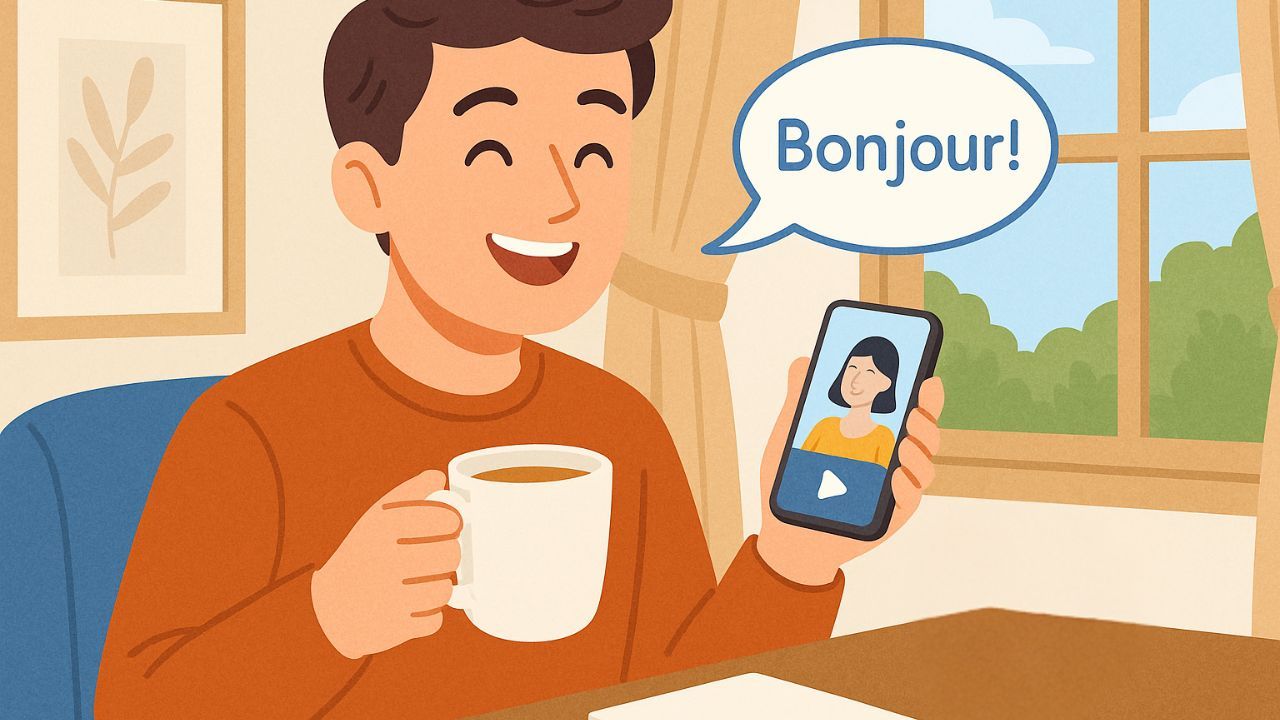 Illustration of a smiling young man holding a cup of tea and watching a language lesson on his phone, with a speech bubble saying 'Bonjour!' and a tutor visible on the screen