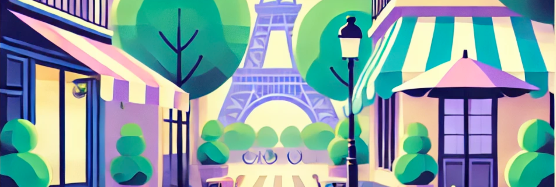 Charming Parisian street scene with vibrant storefronts, trees, and the Eiffel Tower in the background, perfect as a banner image for exploring French culture and language learning on the 3 Minute Languages blog.