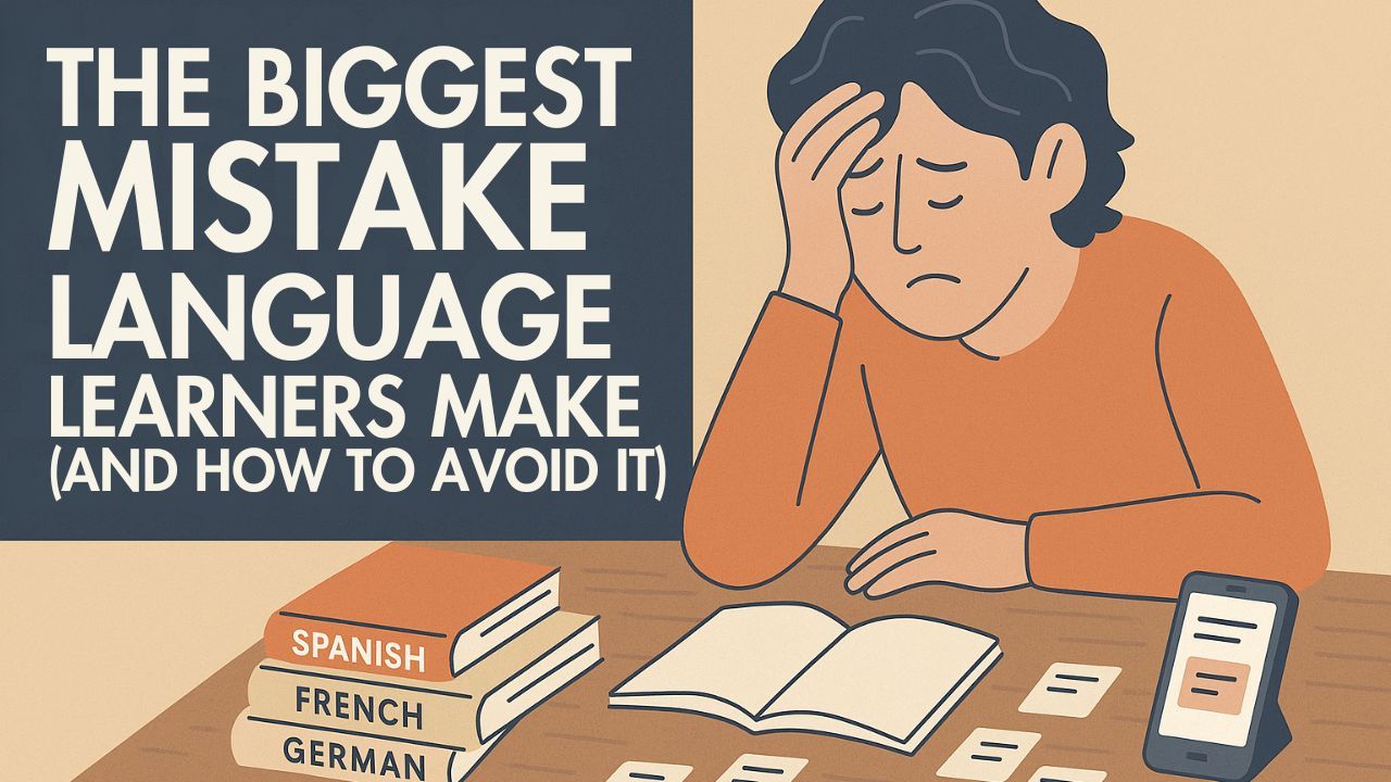 Illustration of a frustrated language learner sitting at a desk with language textbooks, flashcards, and a smartphone. Bold text reads: 'The Biggest Mistake Language Learners Make (And How to Avoid It)'.