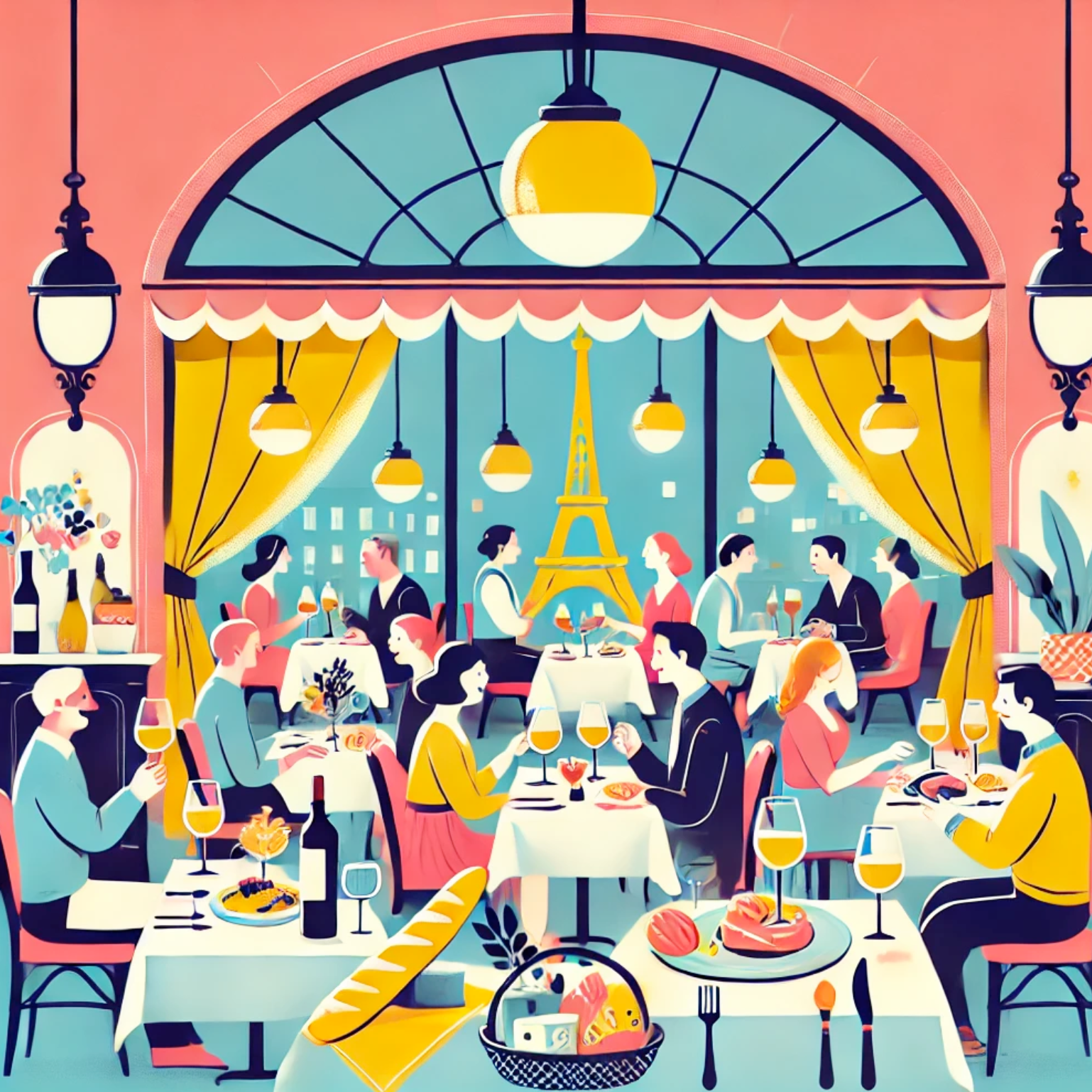 Illustration of a vibrant French restaurant filled with diners enjoying meals, with the Eiffel Tower visible through large arched windows. The image features cheerful pink, blue, and yellow tones, showcasing a lively dining atmosphere. This visual complements a paragraph discussing how French words like 'déjeuner,' 'dîner,' and 'petit-déjeuner' can function as both nouns and verbs, highlighting the versatility of meal-related terms in French grammar.
