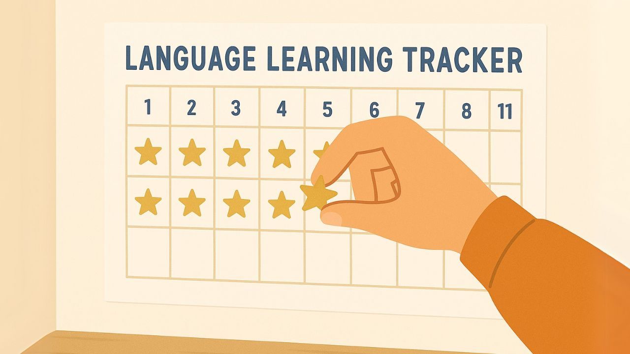 Illustration of a hand placing a gold star sticker on a language learning tracker chart, showing daily progress and consistency in language study
