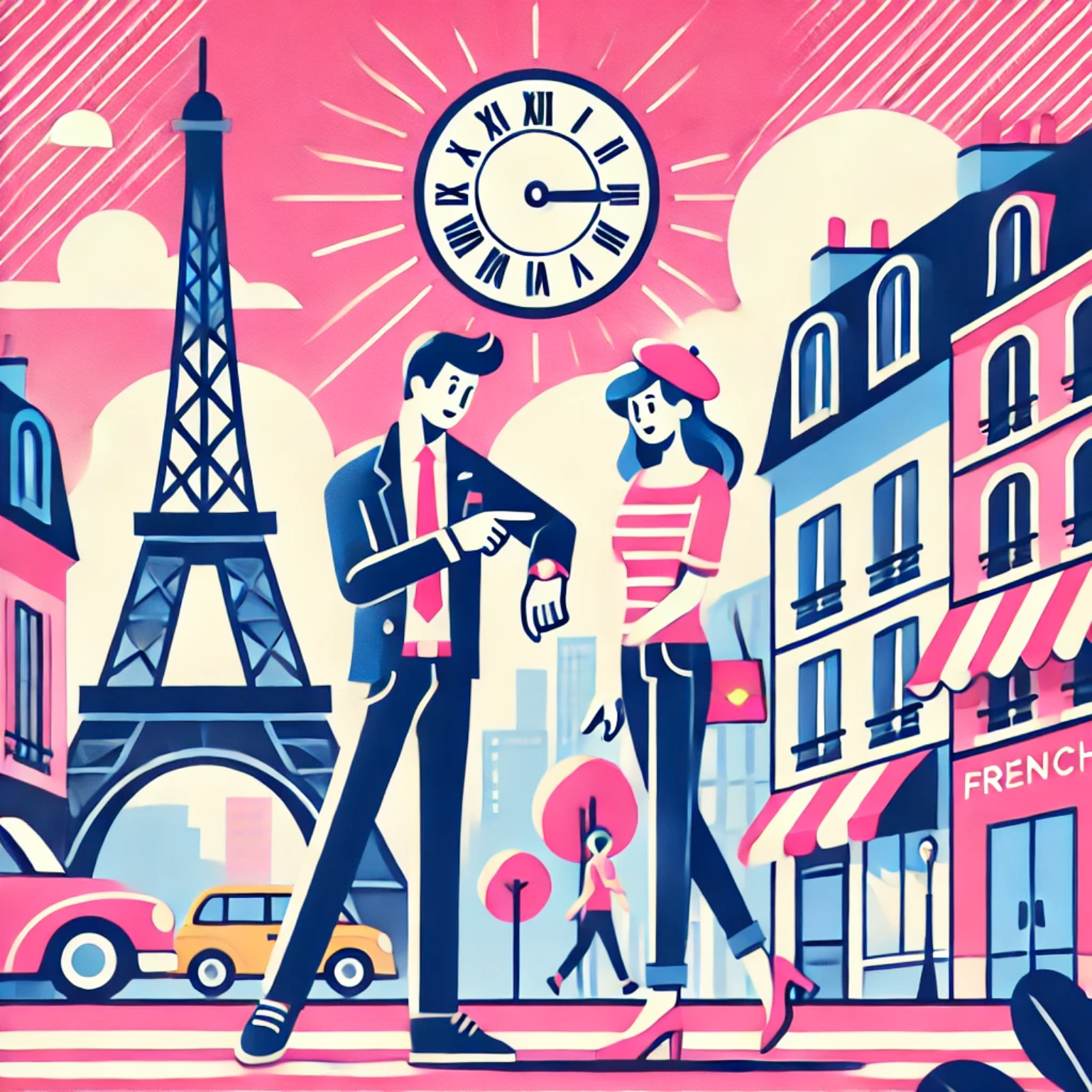 Playful illustration of a man in a suit and a woman in a beret standing near the Eiffel Tower in Paris, with a large clock overhead. The man is pointing to his wristwatch, illustrating the question 'Quelle heure est-il?' in a whimsical and colorful French cityscape. Pink, blue, and yellow tones bring a cheerful vibe, aligning with the theme of learning how to ask 'What time is it?' in French.