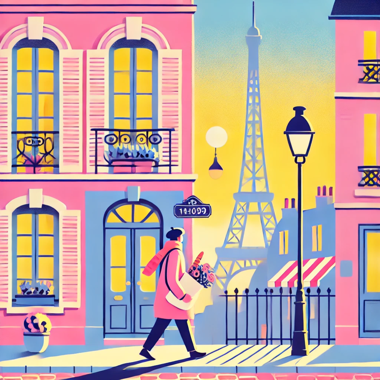 A whimsical Parisian street view featuring a person carrying groceries, passing colorful buildings adorned with flower boxes, with the Eiffel Tower in the background. The image symbolizes the use of 'chez' to describe being at someone’s place or going to a specific location.