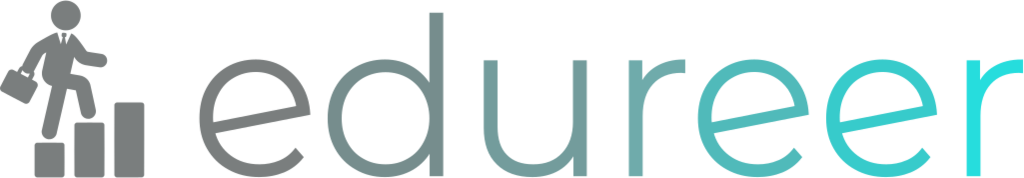 edureer logo featuring a stylized figure in a suit holding a briefcase, ascending three bar-like steps, symbolizing professional growth and learning, with the company name 'edureer' in a modern gradient font