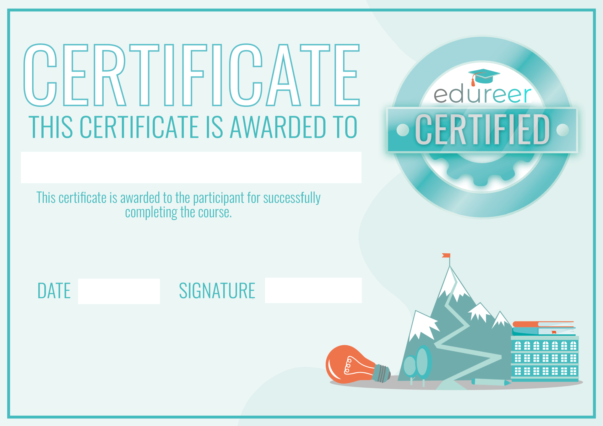 Certificate design featuring the edureer logo with a 'Certified' badge, a placeholder for the recipient's name, and fields for date and signature. The background includes illustrations of a mountain with a path, a light bulb, and stacked books, symbolizing learning, growth, and achievement.