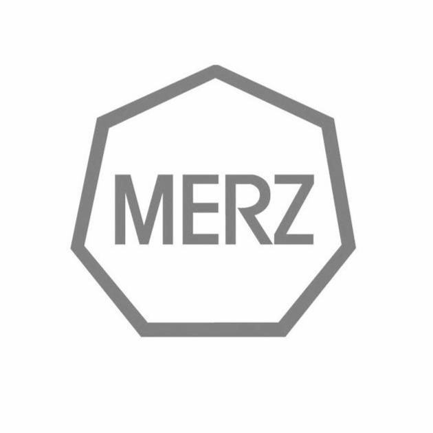 Merz logo, featuring the company's name in a hexagonal frame, symbolizing its pharmaceutical and aesthetic products.