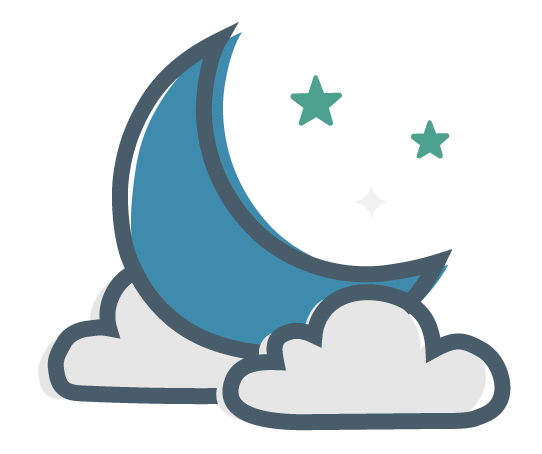 twigged illustration of the moon and stars resting on a cloud.