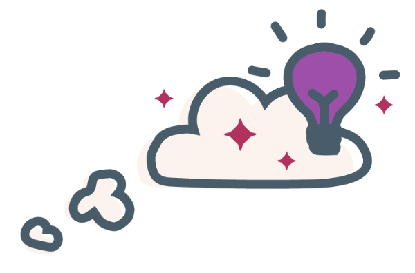 twigged illustration of a hand-drawn cloud with smaller clouds below to represent a thought bubble, superimposed by a bright purple lightbulb