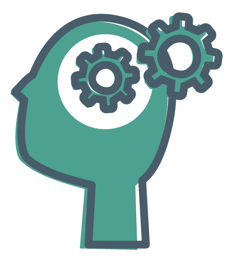 twigged illustration of the side profile of a head and neck, showing cogs where the brain would be