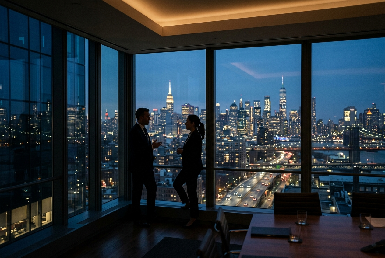 New York City skyline at night viewed through an office window, representing New York's additional professional boundaries CE requirementRequired types of CE credits for psychologists including ethics and cultural competency training