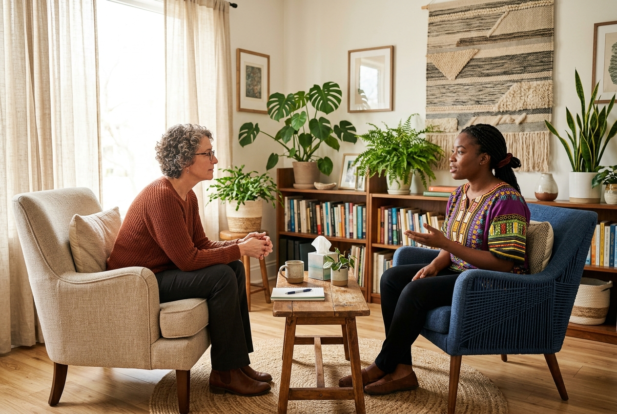 Therapist practicing culturally responsive care during a counseling session