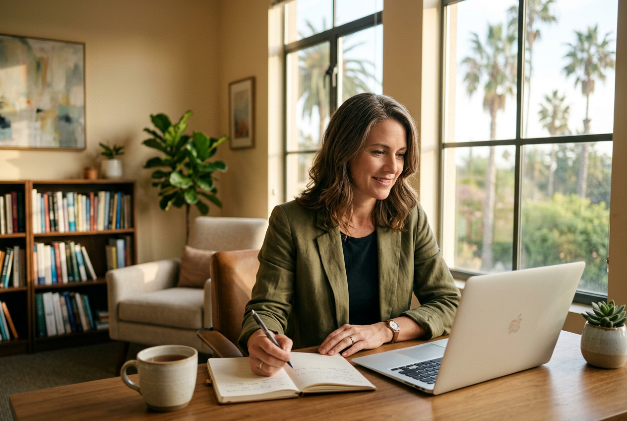 Psychologist taking cultural competency continuing education online in a California office