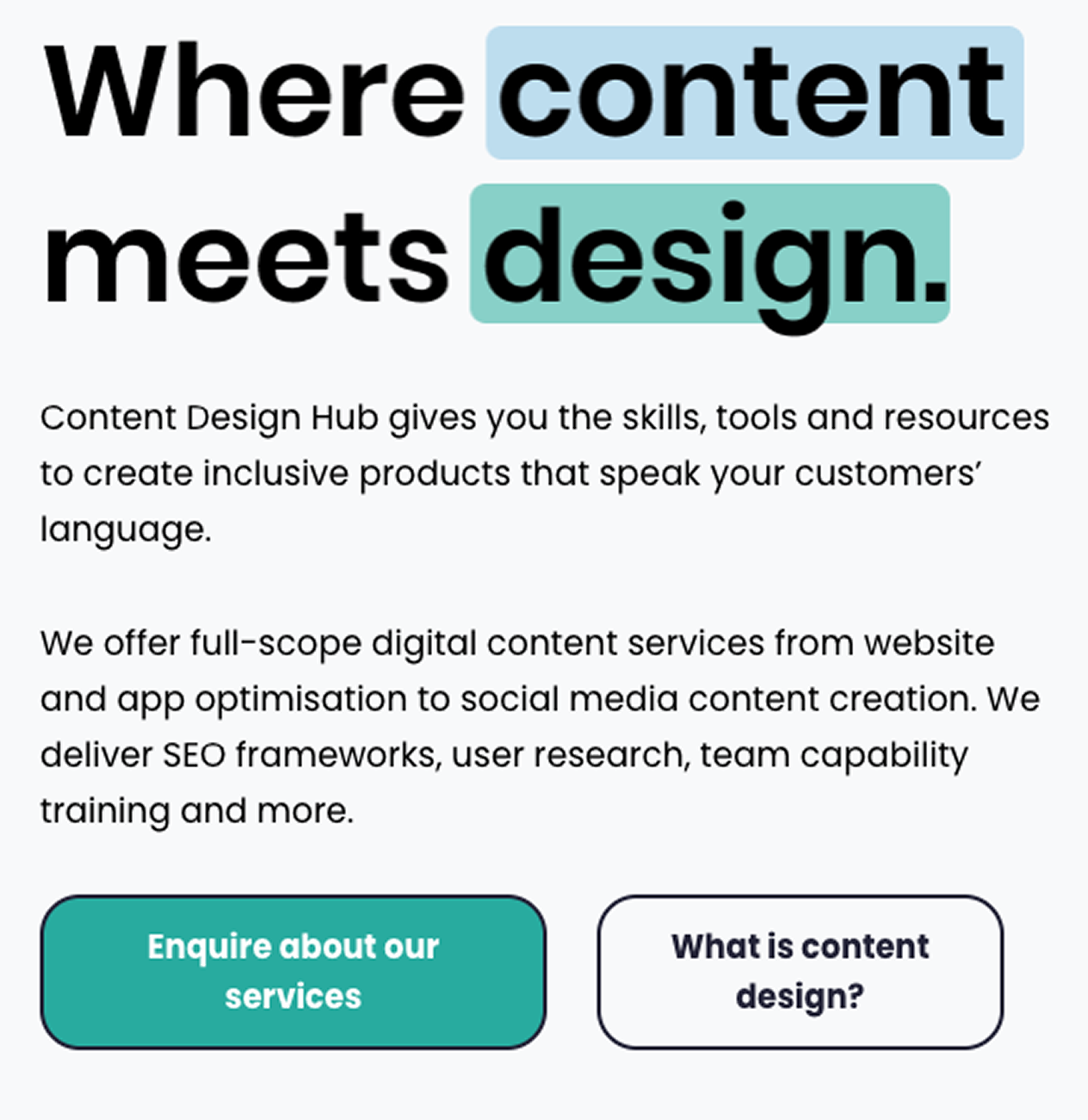 Example of descriptive calls to actions in buttons, such as 'Enquire about our services'