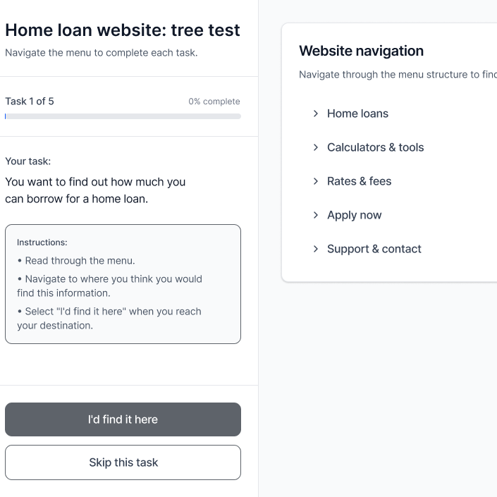 Information architecture tree test for home loan website