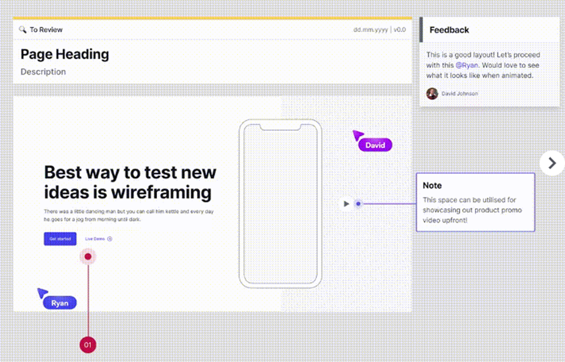 Low fidelity annotated Figma design file with notes of feedback