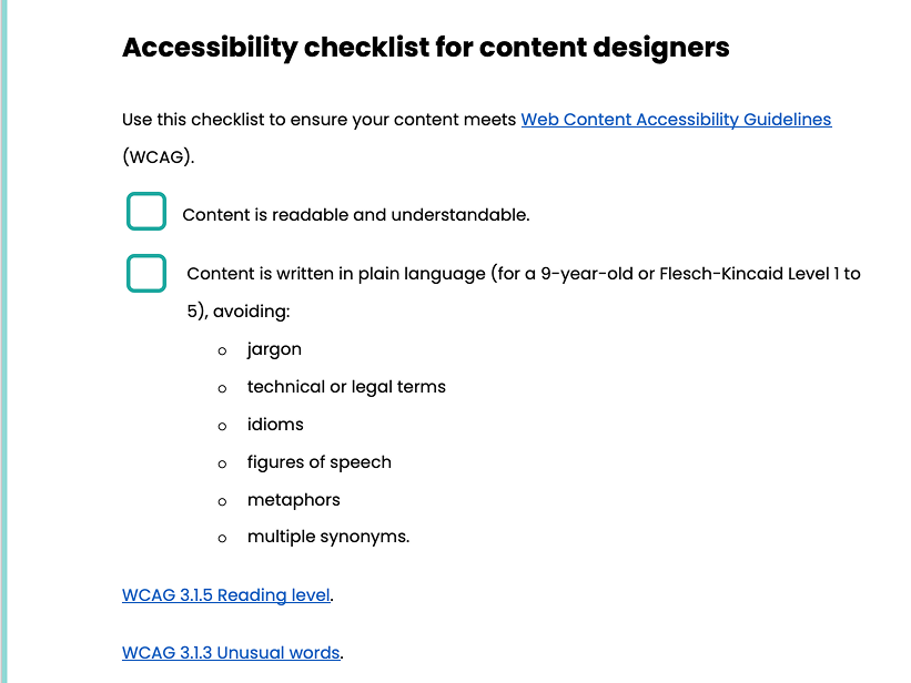 Accessibility checklist for content designers
