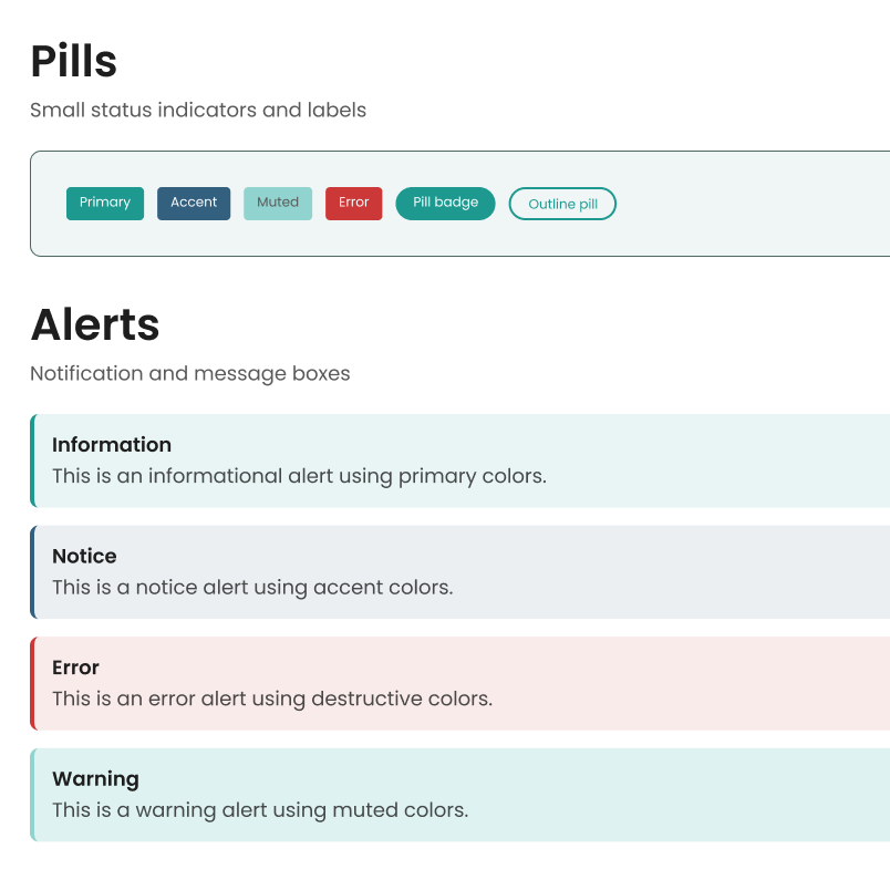 Creation of UI components for a website: Pills and Alerts