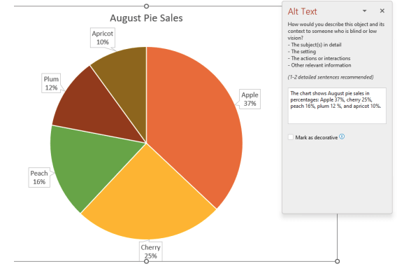 A chart showing August pie sales in percentages. Apple 37%, Cherry 25%, Peach 16%, Plum 12%, Apricot 10%.