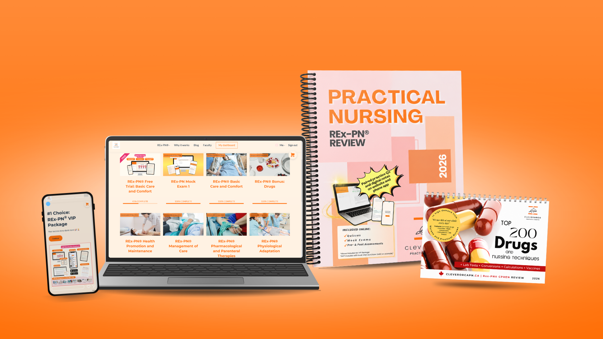 A split image showcasing VTNE exam preparation materials. On the left, an overhead flat-lay on an orange background displays a boxed VTNE Exam Review: All-Inclusive Exam Prep, a spiral-bound Veterinary Technician VTNE® Review book, and a small digital timer, emphasizing structured study tools and time management for exam preparation. On the right, a smiling woman holds the spiral-bound Veterinary Technician VTNE® Review book upright toward the camera, highlighting the physical workbook used for studying. Together, the image illustrates both the complete study system and a real student experience, reinforcing hands-on learning, organization, and exam-focused preparation.