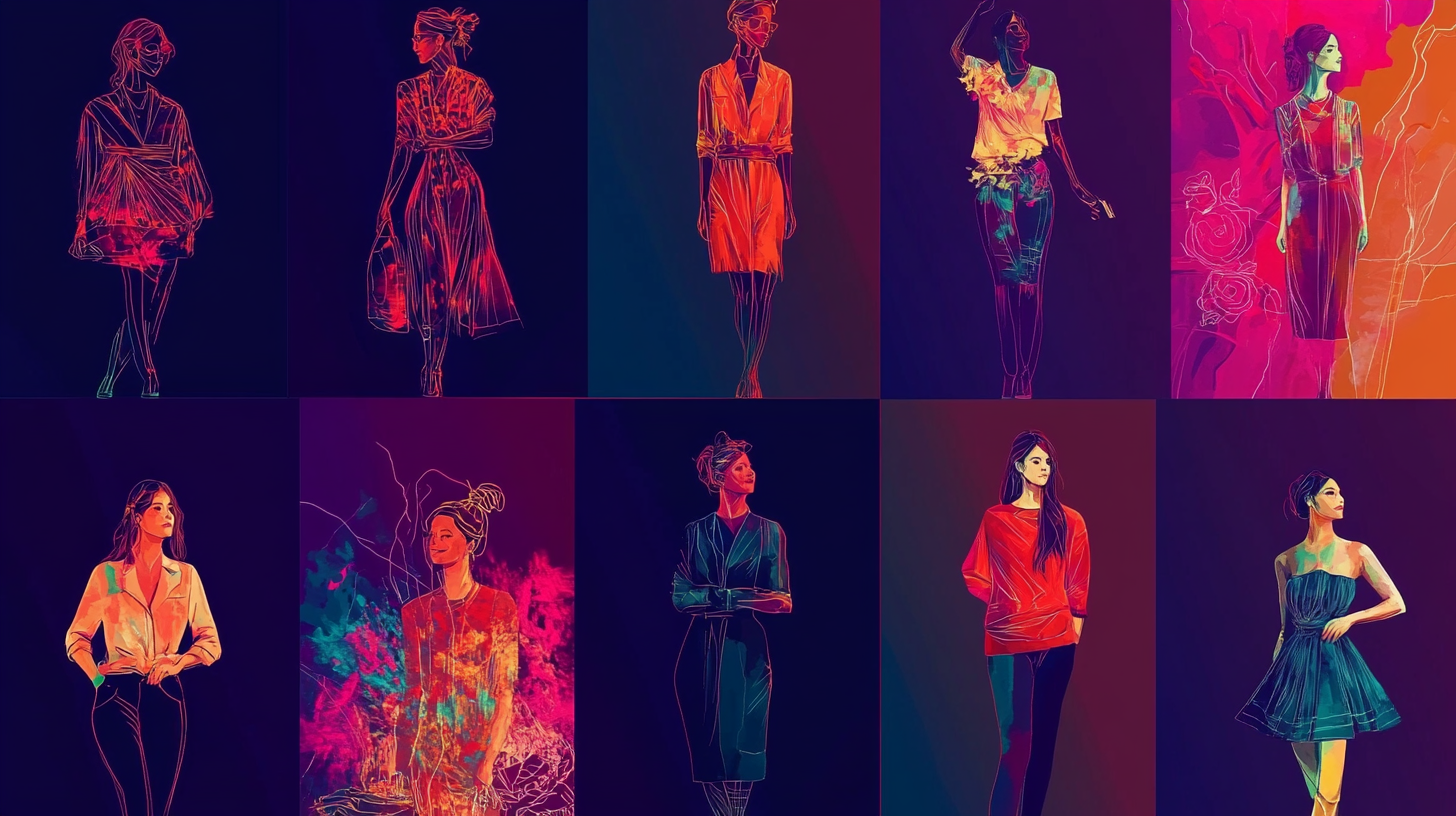 Collection of digital illustrations of women modeling fashionable outfits in various poses.