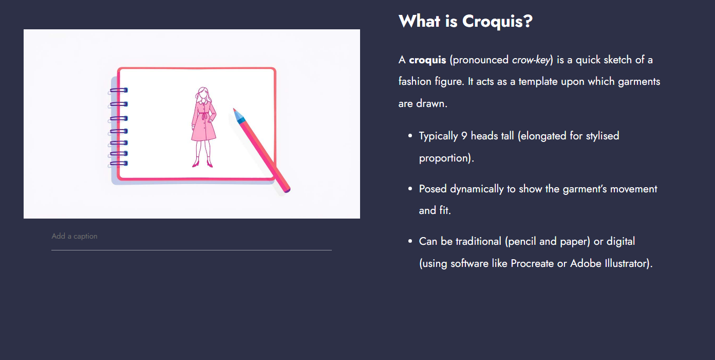 An illustration of a croquis (fashion sketch) inside a notebook, featuring a stylized figure of a woman and a pencil.