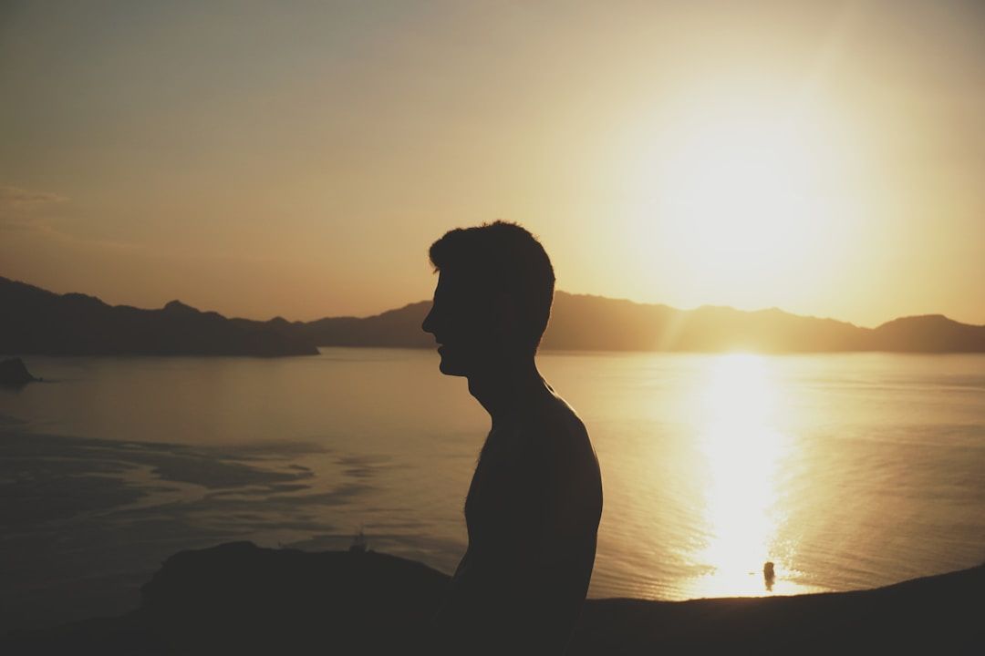 a silhouette of a man with a lake and mountains in the backround to connect with gene key 7 and the siddhi of virtue