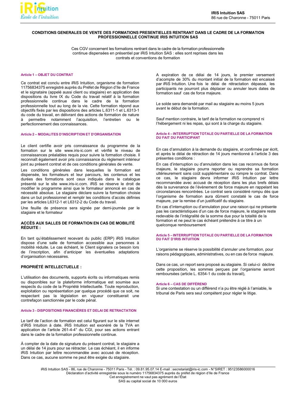 Page 1 des CGV–CGU iRiS : Formations professionnelles en présentiel. Texte intégral disponible ci-dessous.