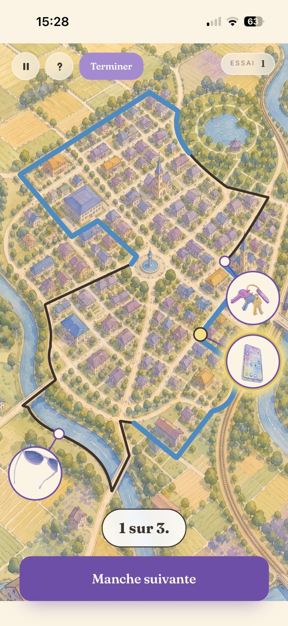 Un jeu de localisation sur le plan illustré d’une ville, avec les objets recherchés et le feedback de la manche.