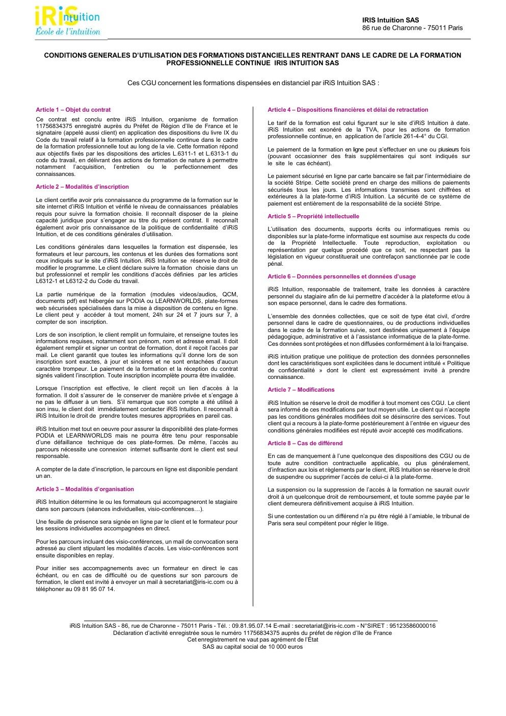 Page 2 des CGV–CGU iRiS : Formations professionnelles à distance. Texte intégral disponible ci-dessous.