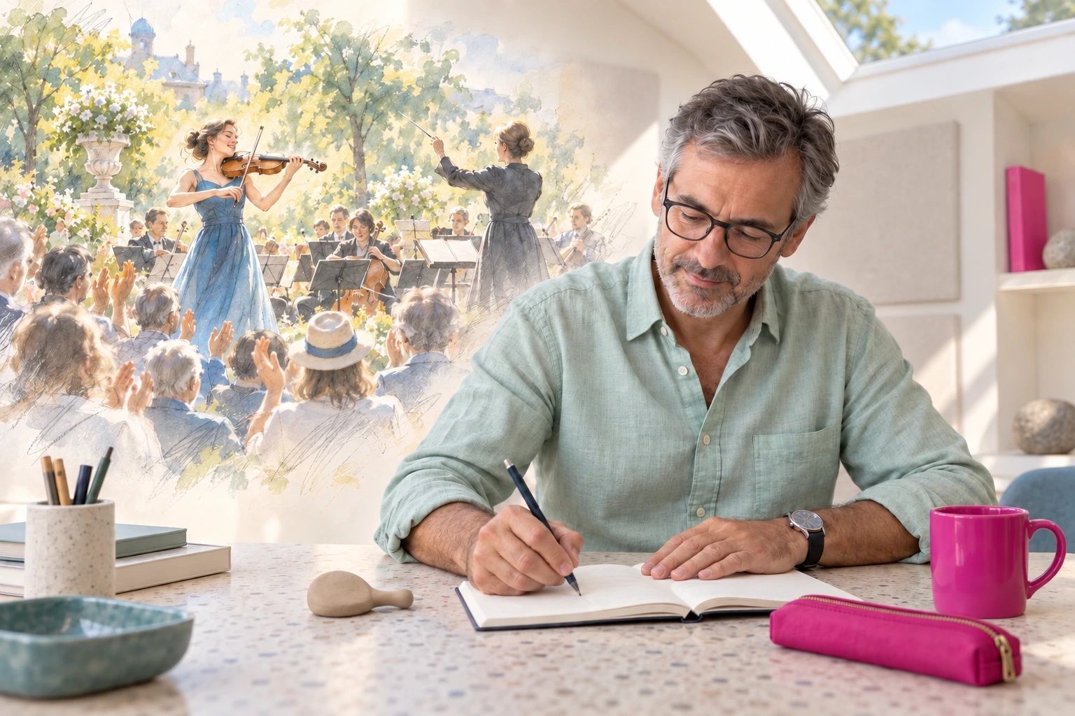 Un homme explore un événement musical avec un carnet et une forme simple en pâte à modeler. Trois objets fuchsia ponctuent sa table et la pièce.