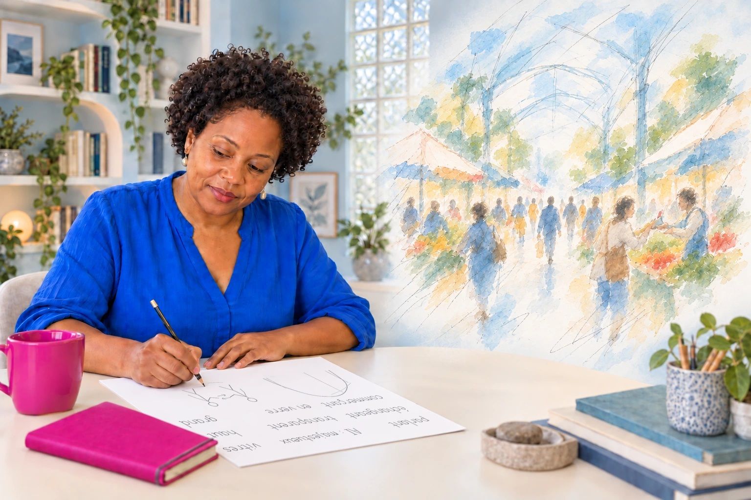 Une femme décrit un lieu et ses activités. Ses mots et ses croquis sont orientés vers elle ; une aquarelle suggère les mouvements d’un marché.