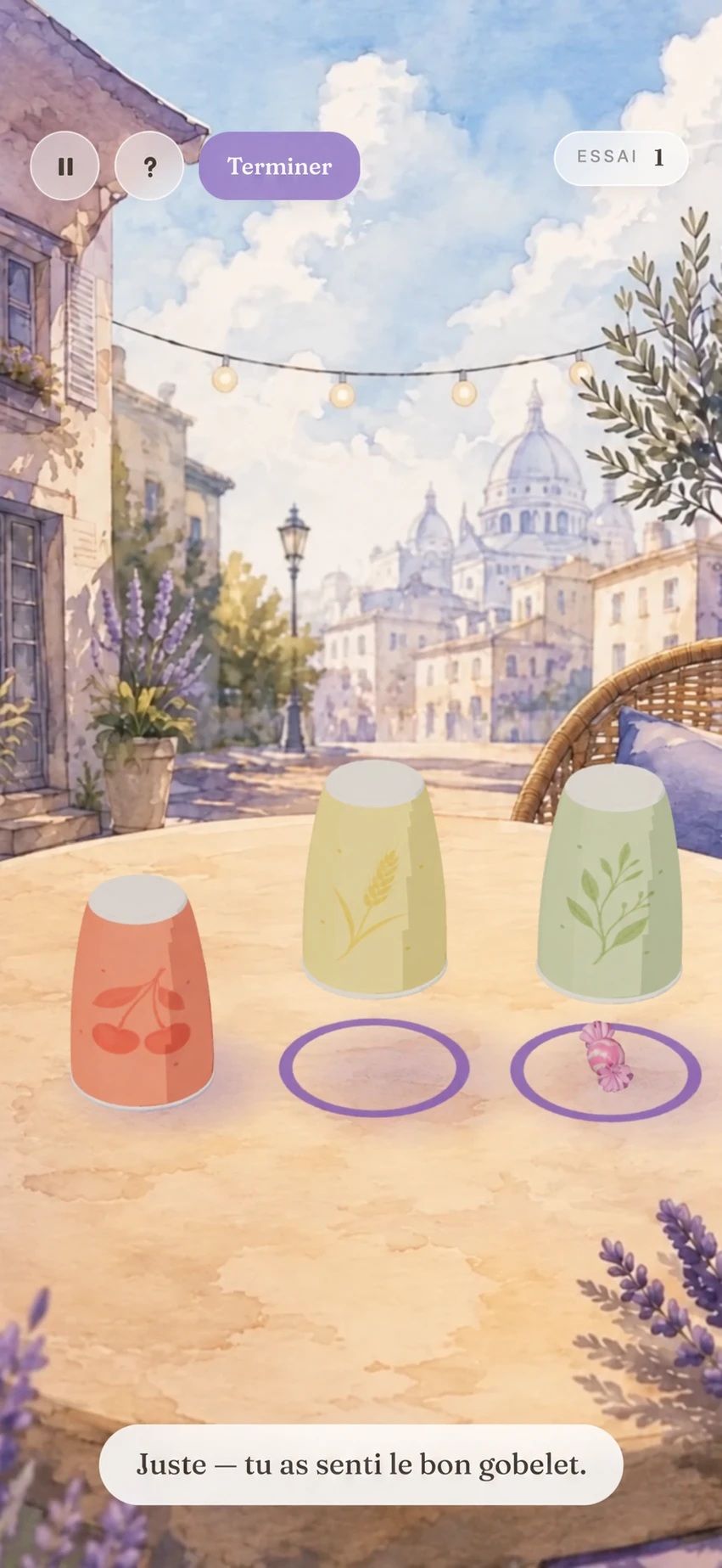 Le jeu des gobelets dans l’application compagnonne, avec le feedback de l’essai.