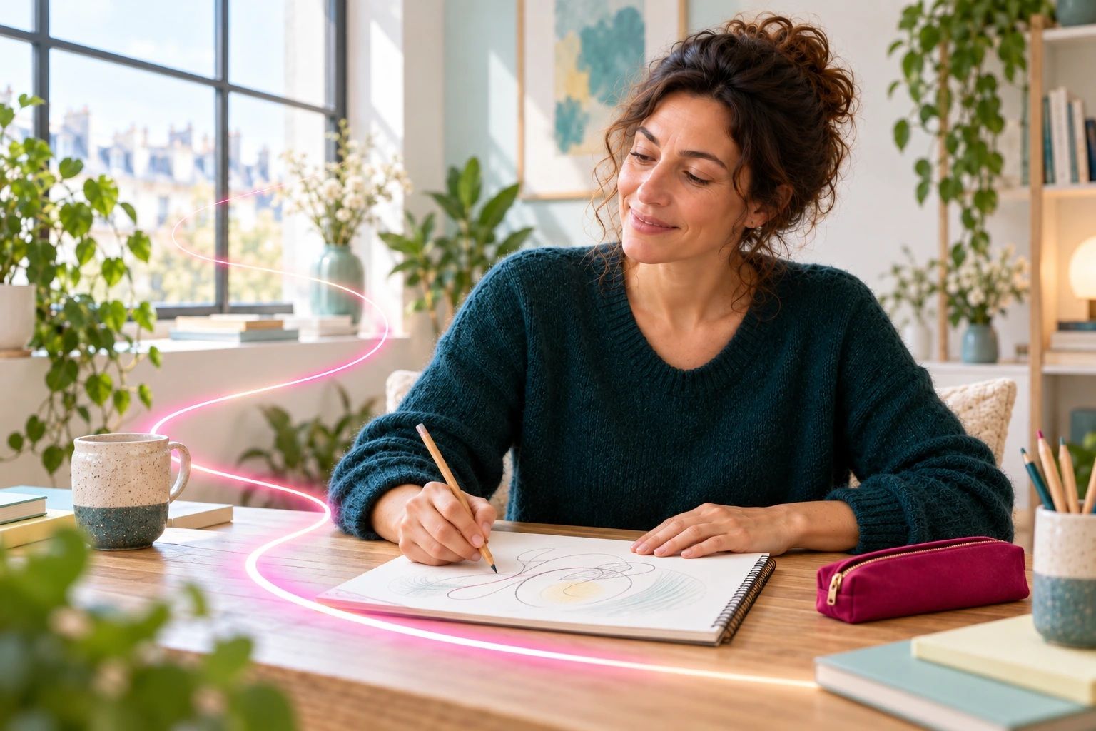 Une femme pratique à sa table ; une trace lumineuse fuchsia évoque le fil de son intuition.