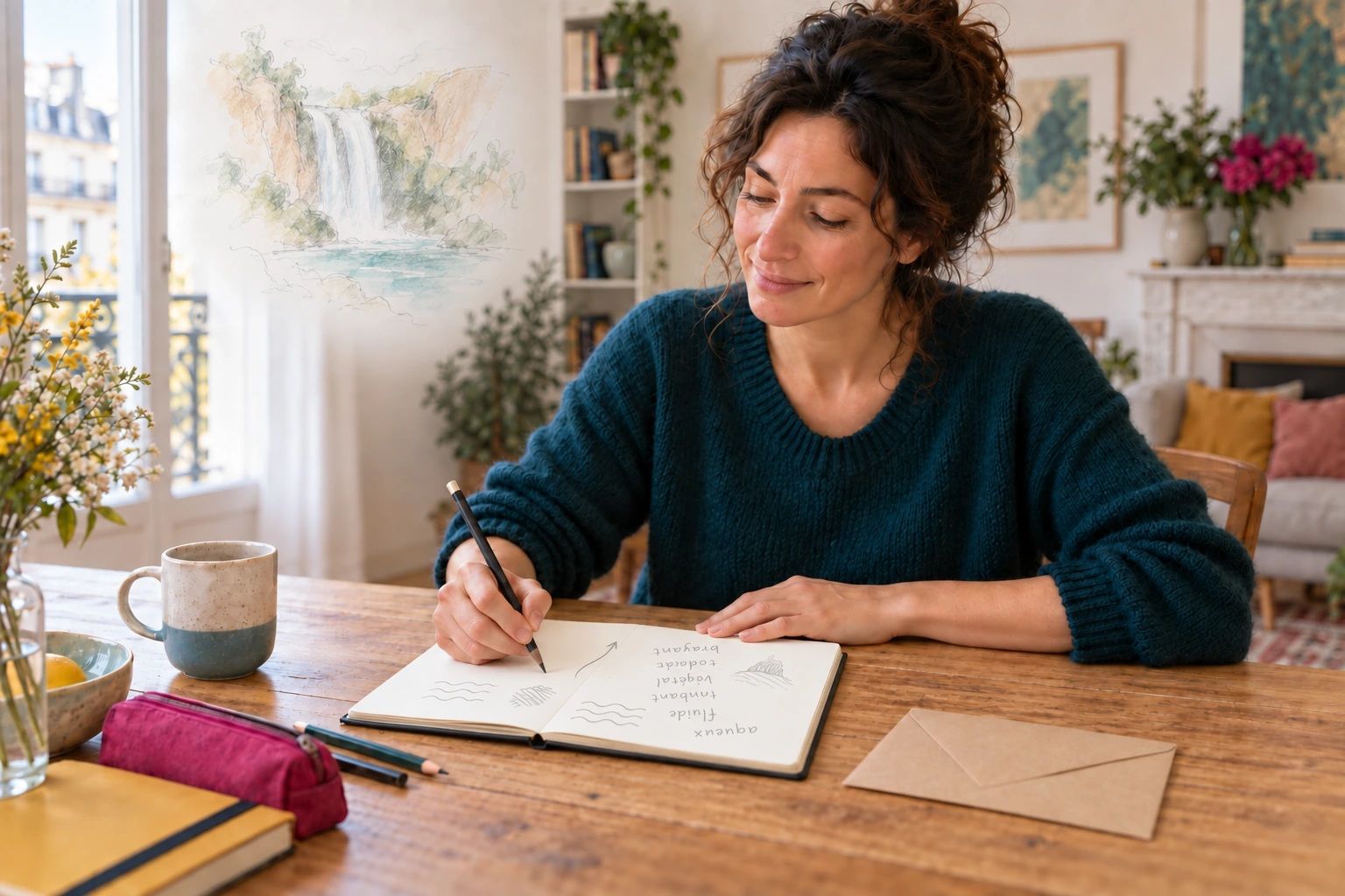 Une femme note ses perceptions face à une enveloppe kraft fermée. Un dessin esquissé de cascade évoque la cible de l’exercice.