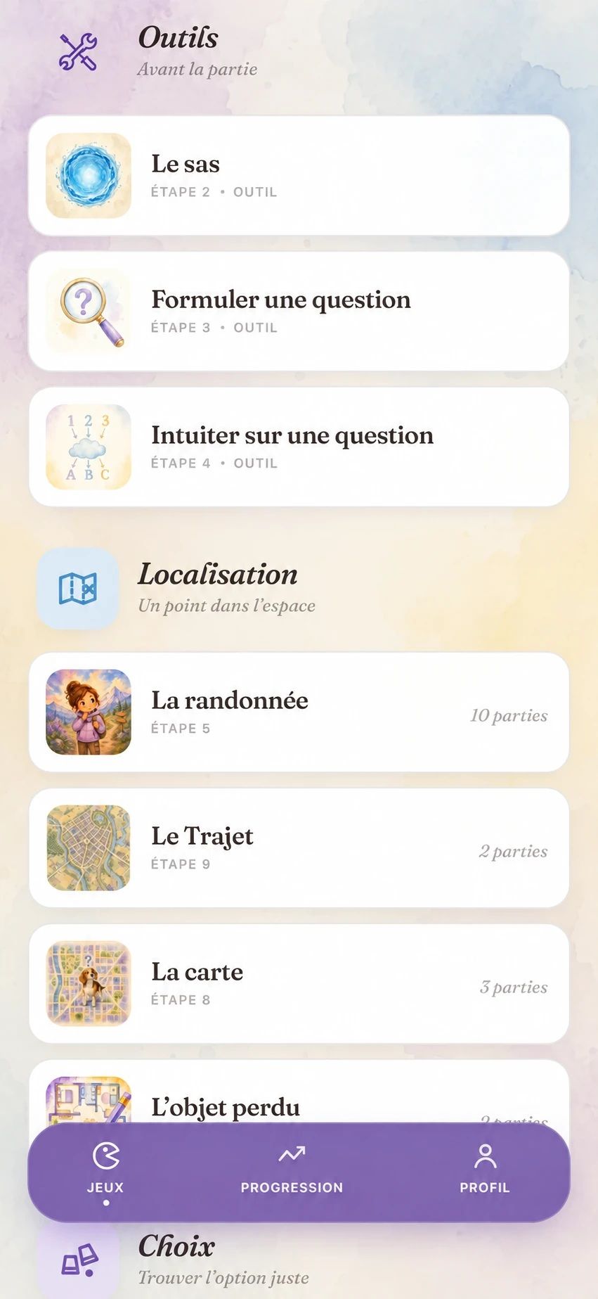 Aperçu des trois outils de préparation et des jeux de localisation de l’application compagnonne.