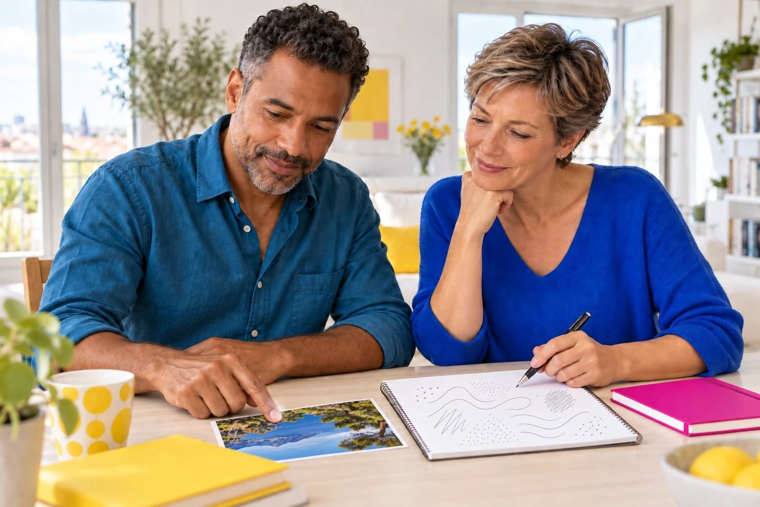 Deux apprenants comparent des traces sensorielles et une photographie posée à plat, orientée vers eux.