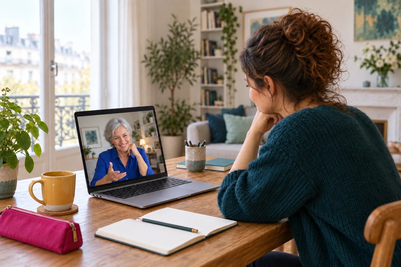 Une apprenante échange en visioconférence avec une formatrice ; toutes deux regardent leur écran.