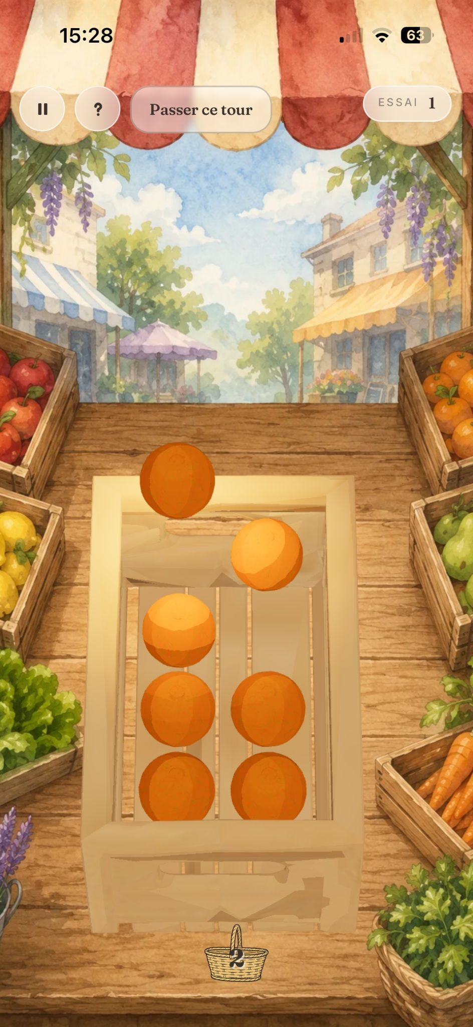 Un jeu de l’application avec des oranges en mouvement au-dessus d’une cagette.