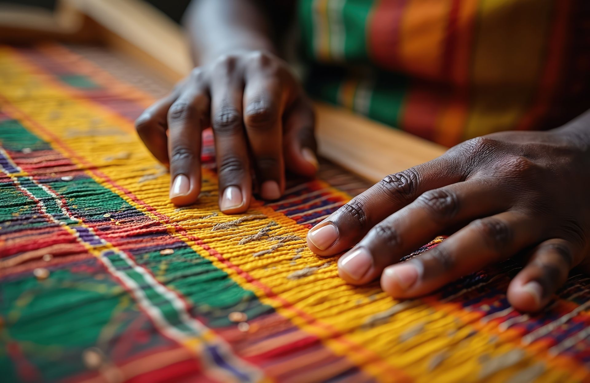 Hands weaving traditional Kente cloth in Ghana