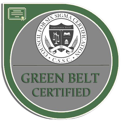 Lean Six Sigma Green Belt Certified badge from CSSC, representing intermediate Six Sigma certification training.
