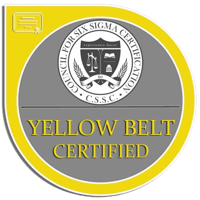 Lean Six Sigma Yellow Belt Certified badge from the Council for Six Sigma Certification (CSSC), indicating foundational process improvement training.