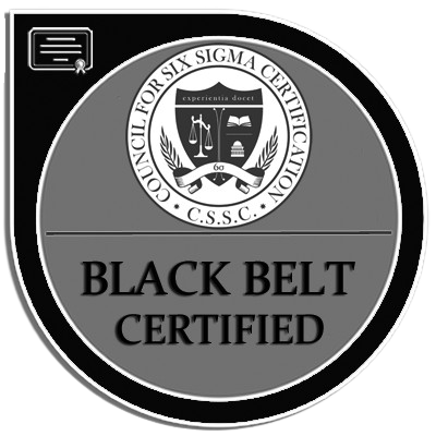 Lean Six Sigma Black Belt Certified badge from the Council for Six Sigma Certification, showing advanced process improvement expertise.