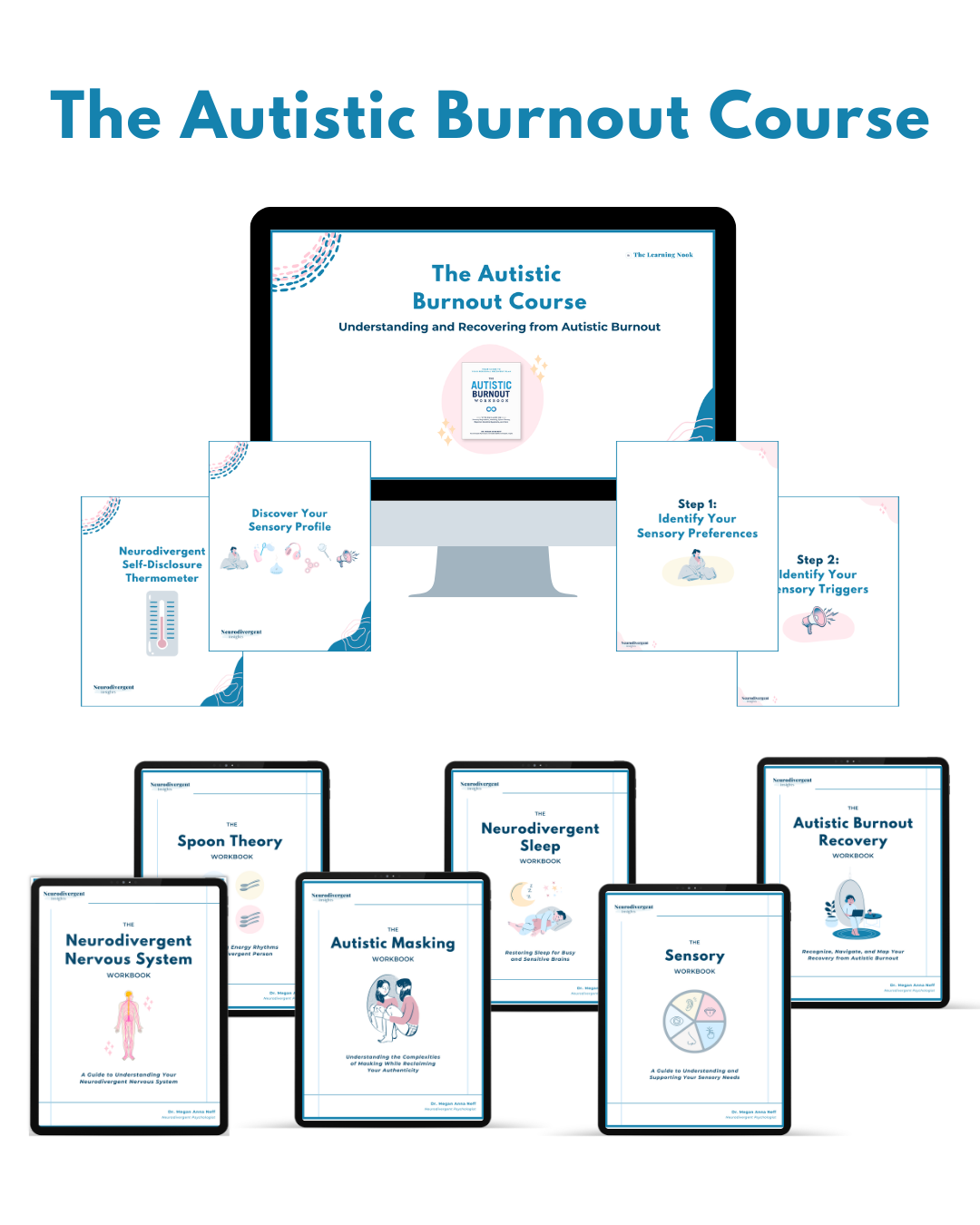 Promotional graphic for The Autistic Burnout Course. At the top, the title reads: “The Autistic Burnout Course – 7+ Hour Video Training + 6 Workbook + 10+ Worksheets and Activities.” The center shows a computer screen displaying the course title and cover. Surrounding it are workbook and worksheet covers, including: Neurodivergent Self-Disclosure Thermometer, Discover Your Sensory Profile, Step 1: Identify Your Sensory Preferences, Step 2: Identify Your Sensory Triggers, The Spoon Theory Workbook, The Neurodivergent Nervous System Workbook, The Autistic Masking Workbook, Neurodivergent Sleep Workbook, The Sensory Workbook, and The Autistic Burnout Recovery Workbook. The overall design is clean and modern with light blue and white backgrounds and illustrated icons.