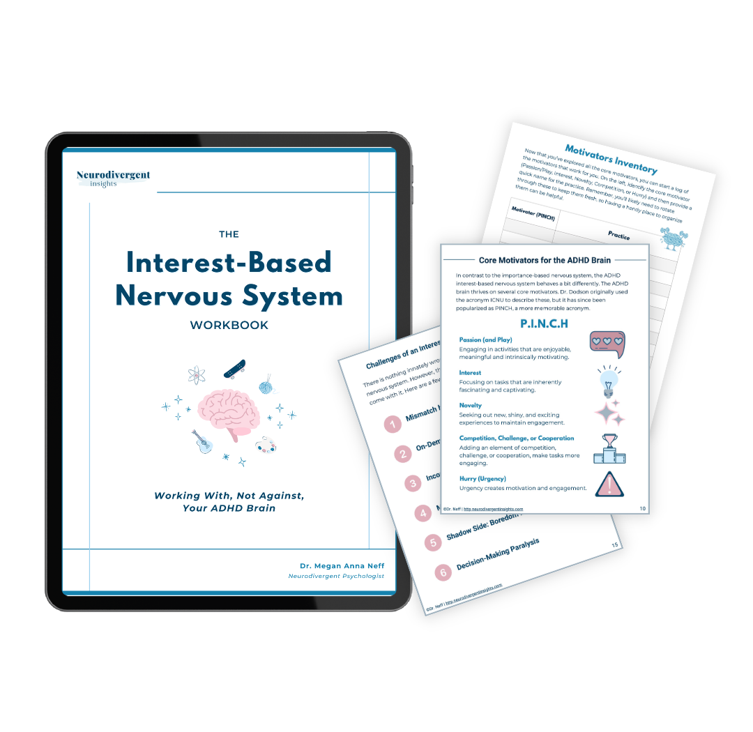 A graphic mockup of The Neurodivergent Sleep Workbook, with the cover in an iPad with three worksheet pages shown next to it.