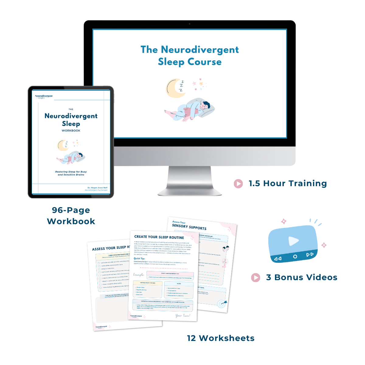 Promotional graphic for The Neurodivergent Sleep Course. At the top, there is a graphic of a computer with the screen as the first slide of the course titled "The Neurodivergent Sleep Course" with a graphic of a person sleeping with a moon and stars over their head. Underneath says "1.5 Hour Training". To the left is an iPad mockup of The Neurodivergent Sleep Workbook with the caption "96-Page Workbook" underneath, and below that is a graphic of three stills from the included worksheets with the caption "12 Worksheets". On the right is a graphic to represent video with the text "3 Bonus Videos" underneath.