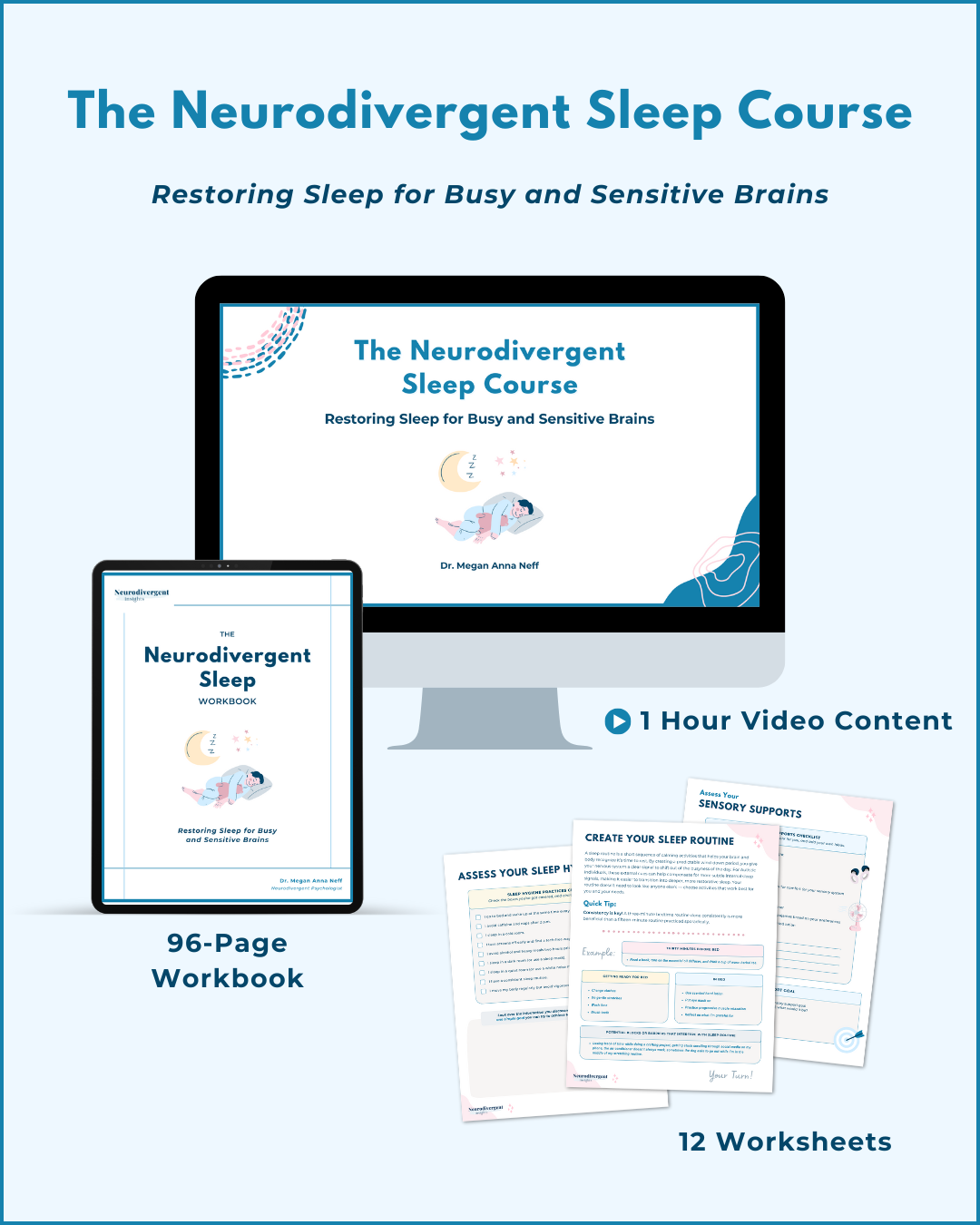 Promotional graphic for The Autistic Burnout Course. At the top, the title reads: “The Autistic Burnout Course – 7+ Hour Video Training + 6 Workbook + 10+ Worksheets and Activities.” The center shows a computer screen displaying the course title and cover. Surrounding it are workbook and worksheet covers, including: Neurodivergent Self-Disclosure Thermometer, Discover Your Sensory Profile, Step 1: Identify Your Sensory Preferences, Step 2: Identify Your Sensory Triggers, The Spoon Theory Workbook, The Neurodivergent Nervous System Workbook, The Autistic Masking Workbook, Neurodivergent Sleep Workbook, The Sensory Workbook, and The Autistic Burnout Recovery Workbook. The overall design is clean and modern with light blue and white backgrounds and illustrated icons.