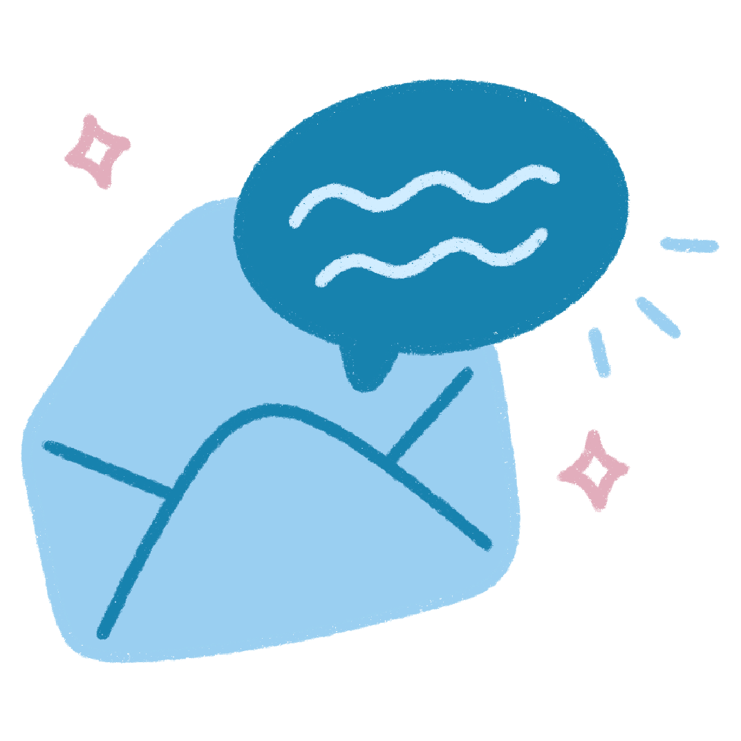 An illustration of a medium blue envelope with a dark blue text bubble coming out of it with light blue squiggles to represent writing